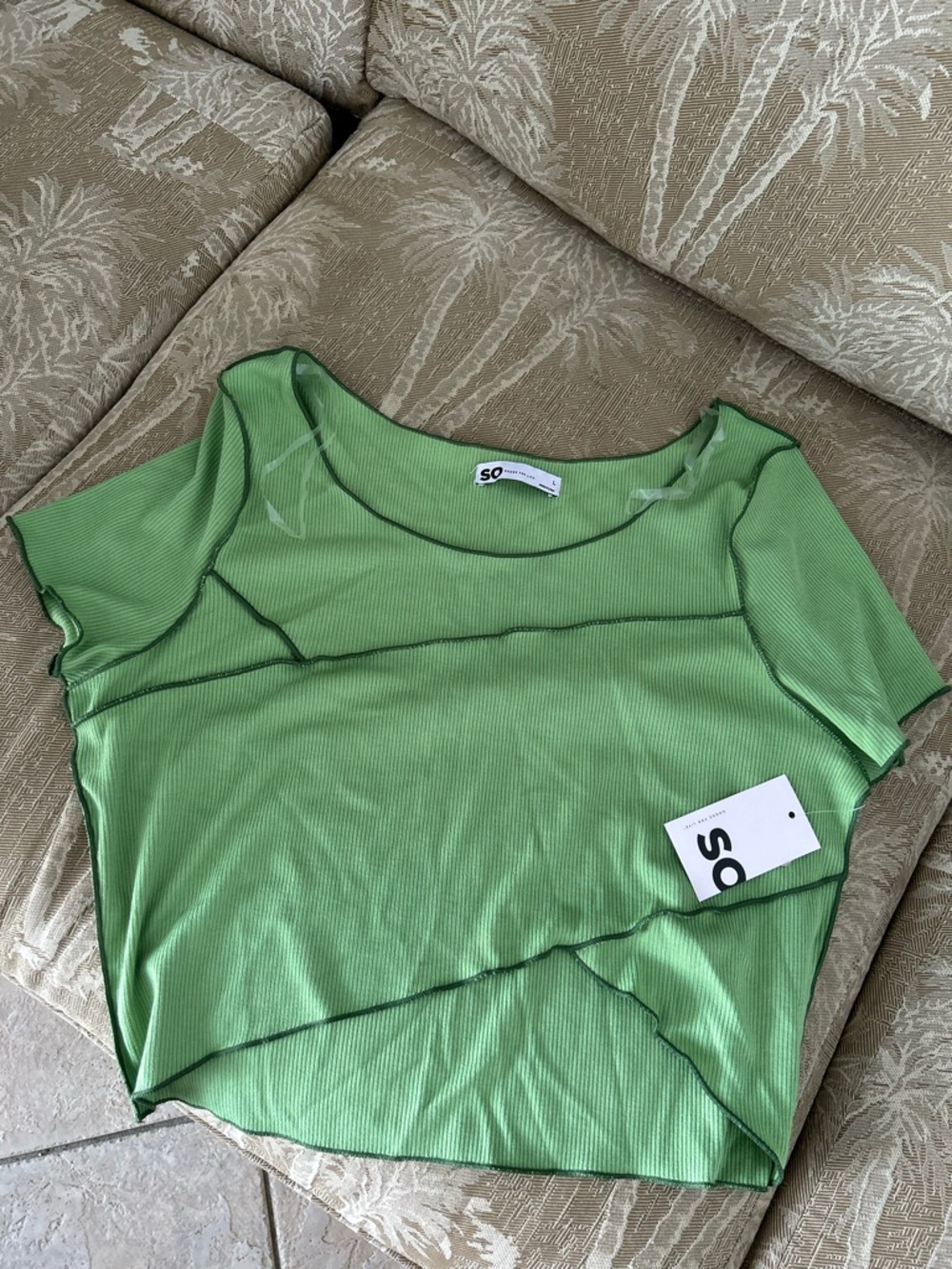 SO Light Green Short-Sleeve Sheer Layered Crop Top